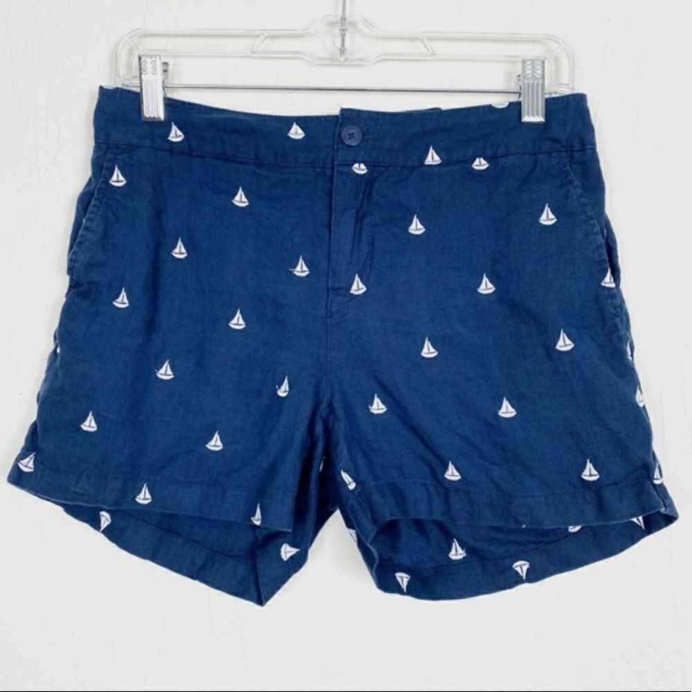 British Khaki Navy Blue Nautical Sailboat Linen Shorts